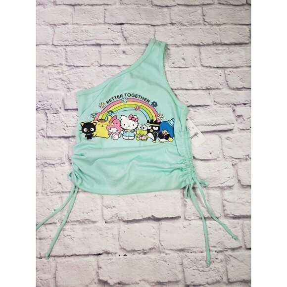 NEW Hello Kitty Jrs Mint Green One Shoulder Side Shirred Cropped Tank Top - Picture 1 of 2